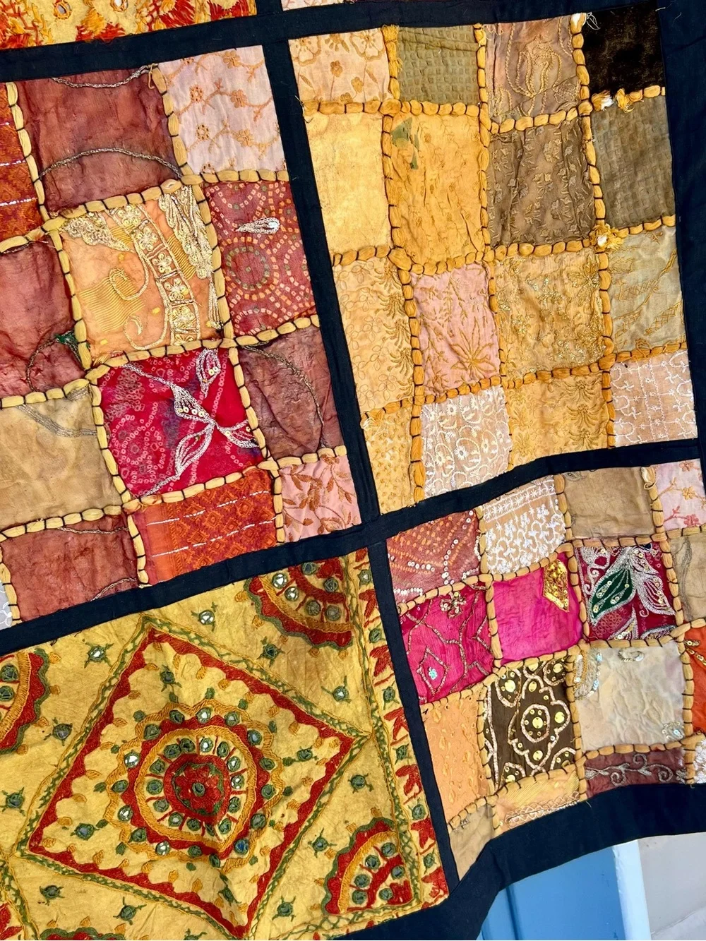 Vintage Pier 1 Imports Indian Patchwork 2000s Y2K Boho Boho Embroidered Wall Art